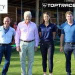 Feierliche Eröffnung der Toptracer-Anlage im GolfCity Puchheim. (Foto GolfCity Puchheim: v.l.n.r.: Hermann Bögle (Geschäftsführer), Alexander Freiherr von Spoercken (Geschäftsführer), Kate Selwent (Toptracer), Daniel Menge (Operations Manager GolfCity))
