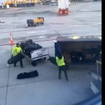 Der Blick aus dem Flugzeugfenster zeigt den groben Umgang mit dem Golfgepäck. (Quelle: X @ETSU_MGolf)