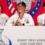 Linn Grant, Maja Stark und Esther Henseleit hatten bei der Pressekonfernez im Vorfeld des Solheim Cup 2024 sichtlich Spaß. (Quelle: Getty)