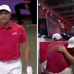 Tiger Woods' Fehler erheitert Kisner und Kim. (Screenshot: TGL)