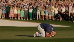 Rory McIlroy Sekunden nach seinem Siegesputt beim US Masters 2025.(Foto: Getty)