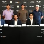 PGA Tour Chief Commercial Officer Rick Anderson, President and CEO of Genesis José Muñoz, Global Head of Genesis Mike Song, DP World Tour CEO Guy Kinnings Zweite Reihe: Ben An (PGA TOUR), Adam Scott (PGA TOUR), Robert MacIntyre (DP World Tour). (Foto: Genesis)