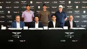 PGA Tour Chief Commercial Officer Rick Anderson, President and CEO of Genesis José Muñoz, Global Head of Genesis Mike Song, DP World Tour CEO Guy Kinnings Zweite Reihe: Ben An (PGA TOUR), Adam Scott (PGA TOUR), Robert MacIntyre (DP World Tour). (Foto: Genesis)